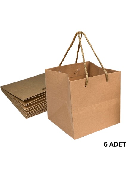 Kraft Karton Pasta Çanta, 6'lı - Kare Taban, Körüklü, Ipli Hediye Taşıma Çantası, 24X24X24 cm