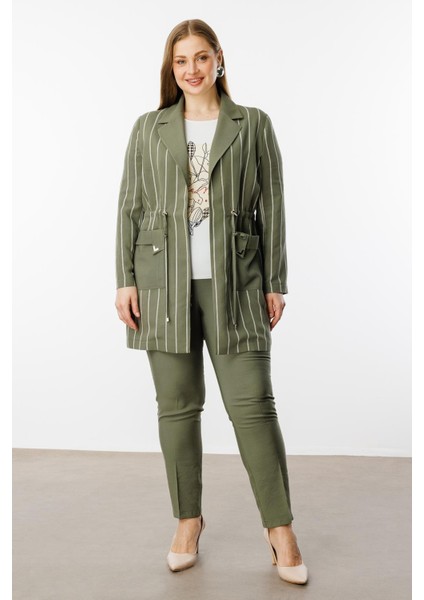 Moda Ilgi Kadın Büyük Beden Mono Yaka Çizgili Tunik 40235 Haki