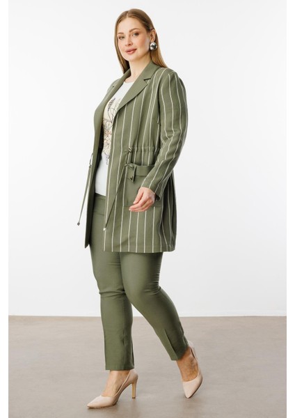 Moda Ilgi Kadın Büyük Beden Mono Yaka Çizgili Tunik 40235 Haki