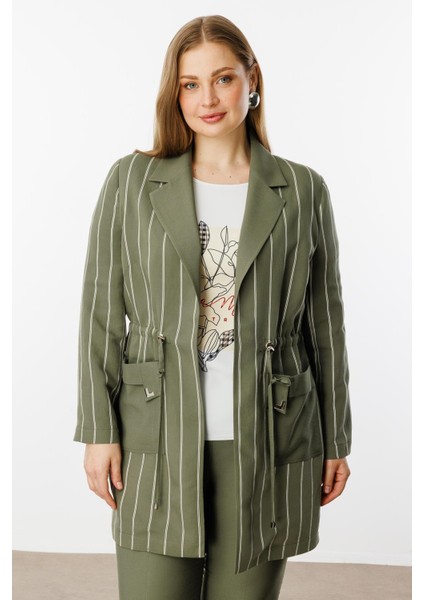 Moda Ilgi Kadın Büyük Beden Mono Yaka Çizgili Tunik 40235 Haki
