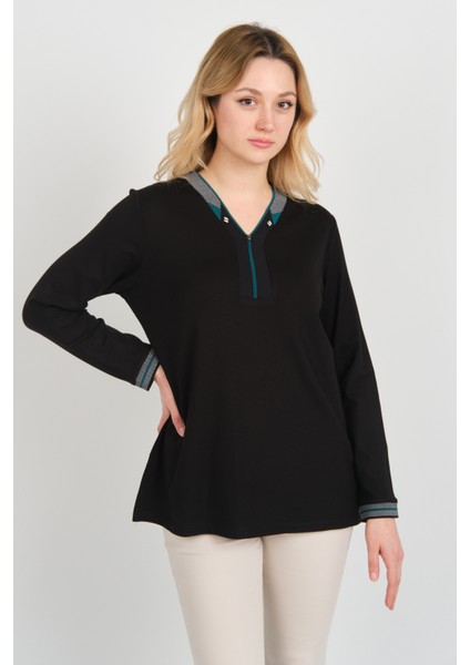 Kadın V Yaka ve Yakası Taş Detaylı Uzun Kollu Anne Bluz 5711 Siyah