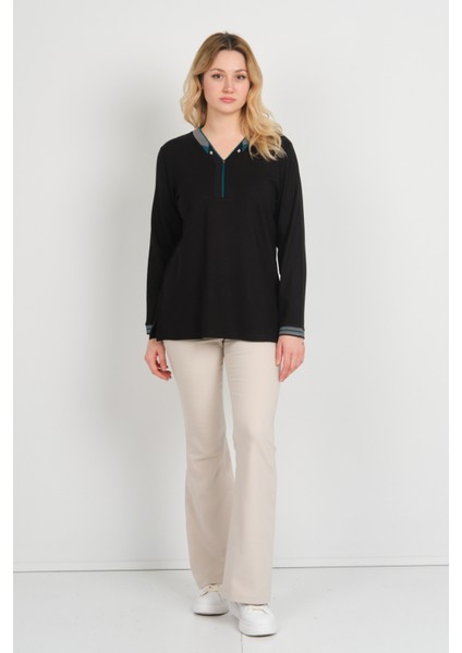 Kadın V Yaka ve Yakası Taş Detaylı Uzun Kollu Anne Bluz 5711 Siyah fiyatları