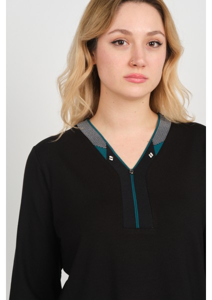 Kadın V Yaka ve Yakası Taş Detaylı Uzun Kollu Anne Bluz 5711 Siyah modelleri