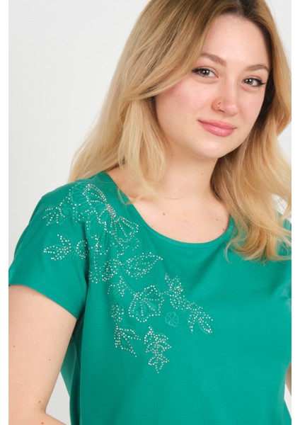 Kadın Taşlı ve Desenli Düşük Kol Bluz 24E044 Yeşil modelleri