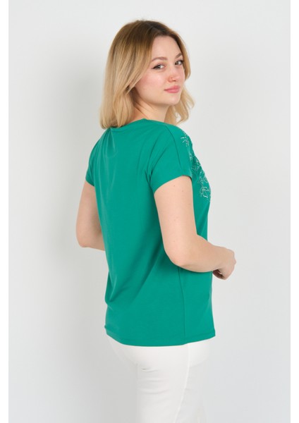 Kadın Taşlı ve Desenli Düşük Kol Bluz 24E044 Yeşil fırsatları