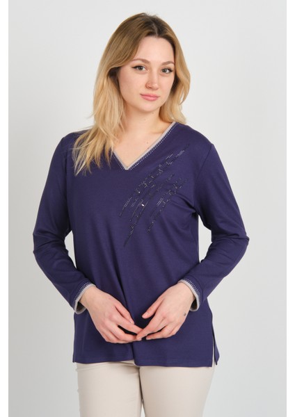 Kadın V Yaka Taş Işlemeli Uzun Kol Anne Bluz 5751 Mor
