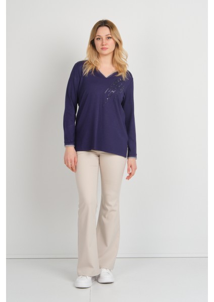 Kadın V Yaka Taş Işlemeli Uzun Kol Anne Bluz 5751 Mor fiyatları