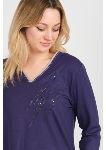 Kadın V Yaka Taş Işlemeli Uzun Kol Anne Bluz 5751 Mor modelleri