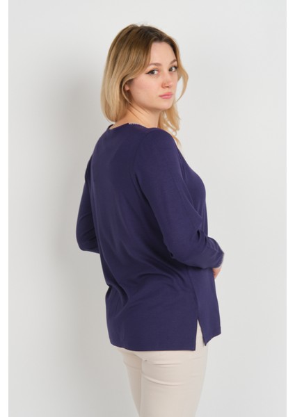 Kadın V Yaka Taş Işlemeli Uzun Kol Anne Bluz 5751 Mor fırsatları