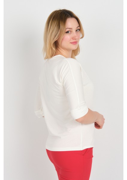 Kadın Truvakar Kol Bisiklet Yaka Basıc Bluz 22721 Ekru fırsatları