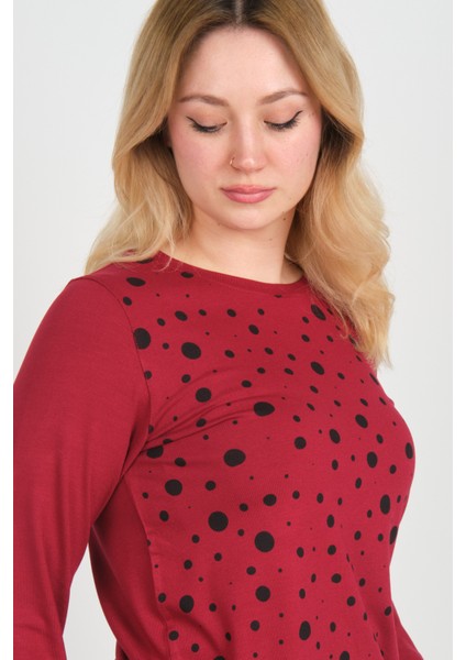 Kadın Uzun Kollu Puanlı Bisiklet Yaka Bluz 24583 Bordo modelleri
