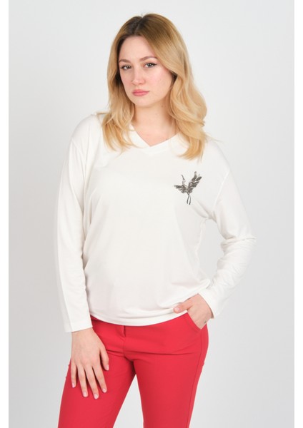 Kadın Uzun Kollu V Yaka Işleme Detaylı Bluz 4565 Ekru