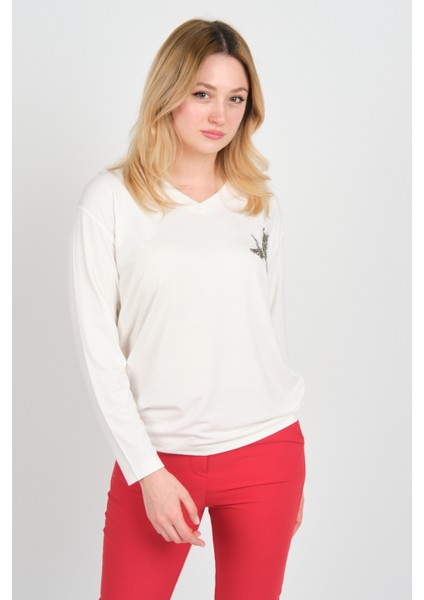 Kadın Uzun Kollu V Yaka Işleme Detaylı Bluz 4565 Ekru modelleri