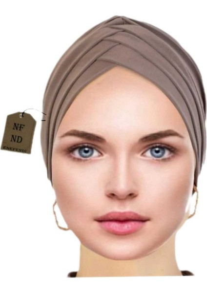 Üç Bantlı Bone, Kahverengi Dış Bone Hazır Hijab Tesettür Sandy Kumaş