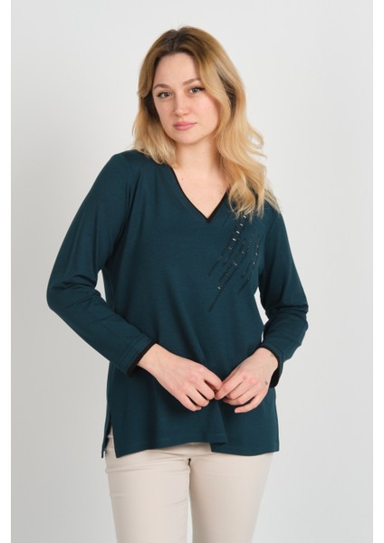 Kadın V Yaka Taş Işlemeli Uzun Kol Anne Bluz 5751 Yeşil