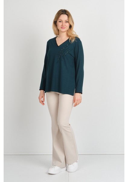 Kadın V Yaka Taş Işlemeli Uzun Kol Anne Bluz 5751 Yeşil fiyatları