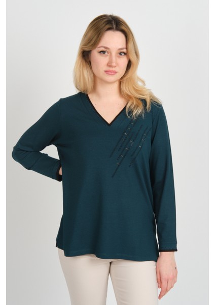 Kadın V Yaka Taş Işlemeli Uzun Kol Anne Bluz 5751 Yeşil modelleri