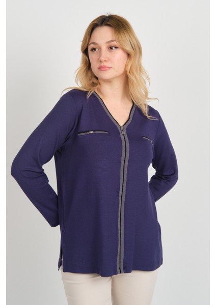 Kadın Süs Cepli Toka Detaylı Uzun Kol Anne Bluz 5717 Mor