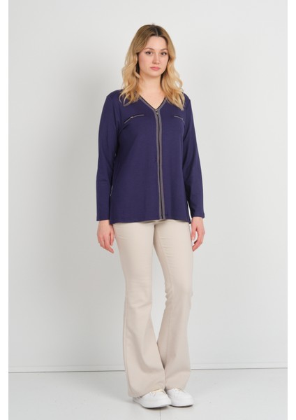 Kadın Süs Cepli Toka Detaylı Uzun Kol Anne Bluz 5717 Mor fiyatları