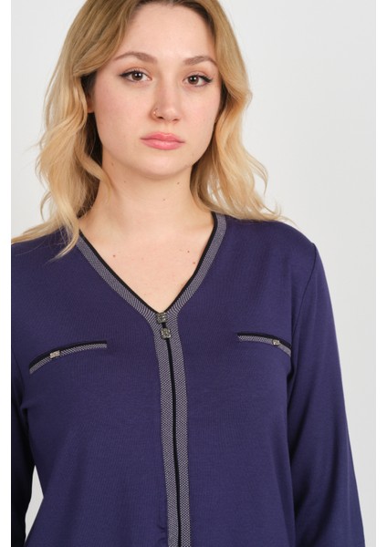 Kadın Süs Cepli Toka Detaylı Uzun Kol Anne Bluz 5717 Mor modelleri