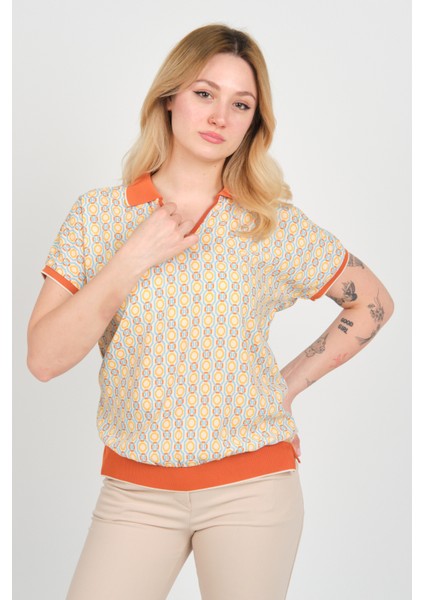 Kadın Desenli Polo Yaka Beli ve Kolları Lastikli Bluz 24E107 Kiremit