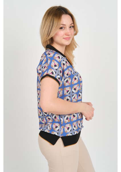 Kadın Desenli Polo Yaka Beli ve Kolları Lastikli Bluz 24E107 Mavi
