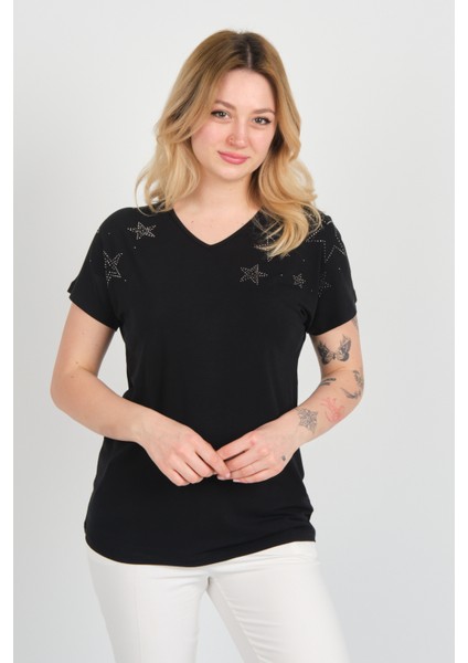 Kadın Düşük Kol Taş Süslemeli V Yaka Bluz 24E105 Siyah