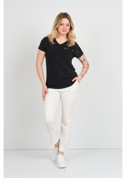 Kadın Düşük Kol Taş Süslemeli V Yaka Bluz 24E105 Siyah fiyatları