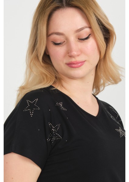 Kadın Düşük Kol Taş Süslemeli V Yaka Bluz 24E105 Siyah modelleri