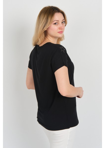 Kadın Düşük Kol Taş Süslemeli V Yaka Bluz 24E105 Siyah fırsatları