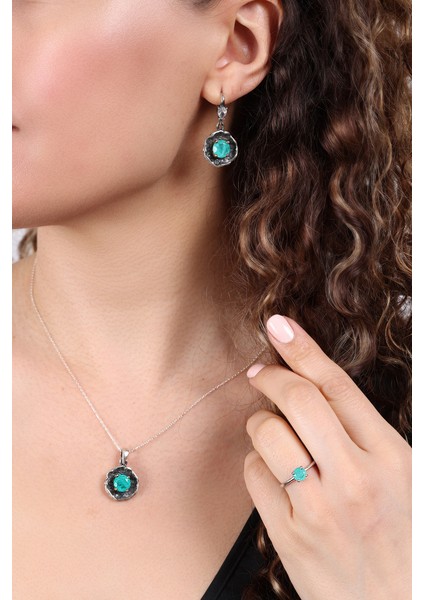 Kolye, Küpe, Yüzük ( 3 Lü Gümüş Set ) Paraiba Taşlı, 925 Ayar Gümüş