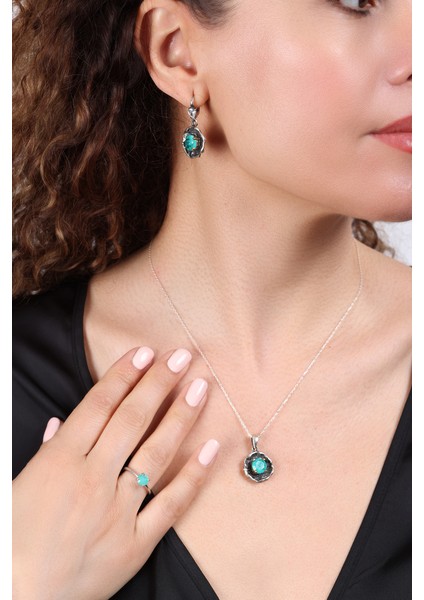 Kolye, Küpe, Yüzük ( 3 Lü Gümüş Set ) Paraiba Taşlı, 925 Ayar Gümüş