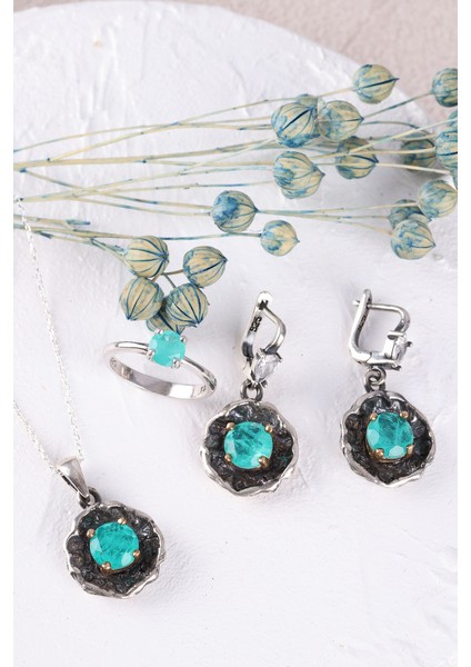 Kolye, Küpe, Yüzük ( 3 Lü Gümüş Set ) Paraiba Taşlı, 925 Ayar Gümüş
