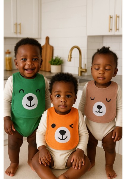 Bear Desenli 3'lü Sıvı Geçirmez Bebek Mama Önlüğü 0-18 Ay