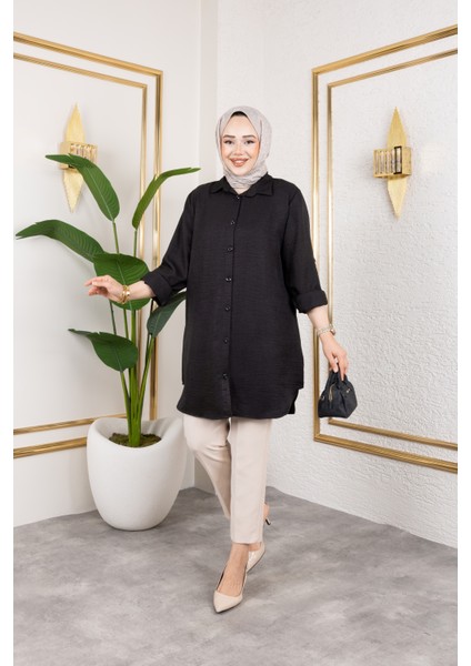 Büyük Beden Sofya Keten Gömlek Siyah