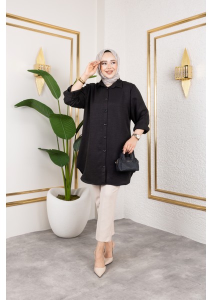 Büyük Beden Sofya Keten Gömlek Siyah modelleri