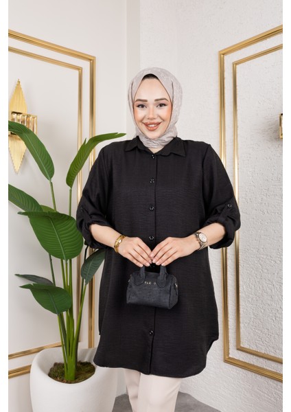 Büyük Beden Sofya Keten Gömlek Siyah fırsatları