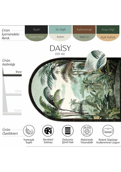 Daisy Yeşil Tropikal Manzara Desenli Arch Halı Modern Panoramik Doğa Desenli Yıkanabilir Şönil Halı fiyatları