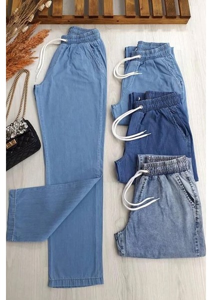 Beli Lastikli Kot Pantolon 1526 - Mavi
