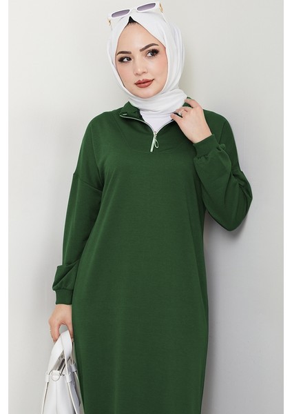 Eyzen Yarım Fermuarlı Elbise 1423 - Zümrüt Yeşili