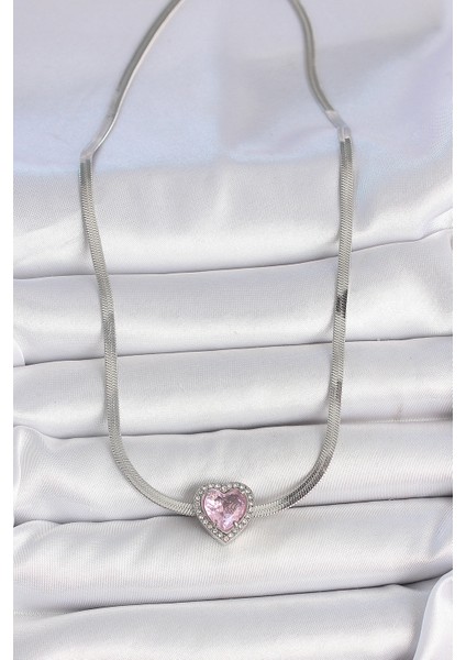 316L Çelik Gümüş Renk Italyan Zincir Pembe Zirkon Taşlı Kalp Model Kadın Kolye - Lisinya fiyatları