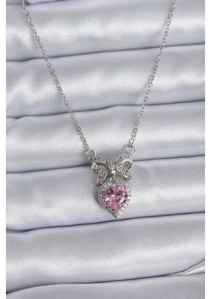 316L Çelik Gümüş Renk Zincir Pembe Kristal Kalp Zirkon Taşlı Kurdele Model Kadın Kolye - Lisinya