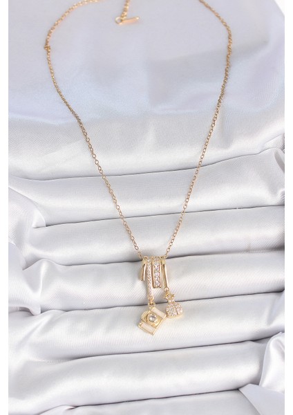 316L Çelik Gold Renk Zirkon Taşlı Sallantı Fotoğraf Makinası Figür Charm Kadın Kolye - Lisinya fiyatları