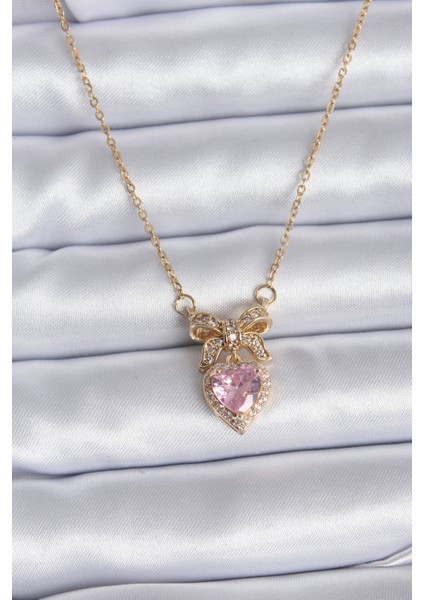 316L Çelik Gold Zincir Pembe Kristal Kalp Model Zirkon Taşlı Kurdele Model Kadın Kolye - Lisinya