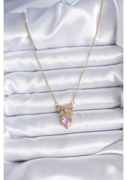 316L Çelik Gold Zincir Pembe Kristal Kalp Model Zirkon Taşlı Kurdele Model Kadın Kolye - Lisinya