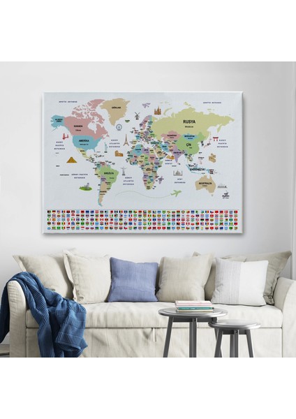 - Türkçe Dünya Haritası Ülke Bayrak ve Başkentli Kanvas Tablo 1938