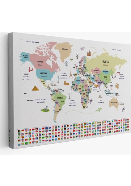 - Türkçe Dünya Haritası Ülke Bayrak ve Başkentli Kanvas Tablo 1938 fiyatları