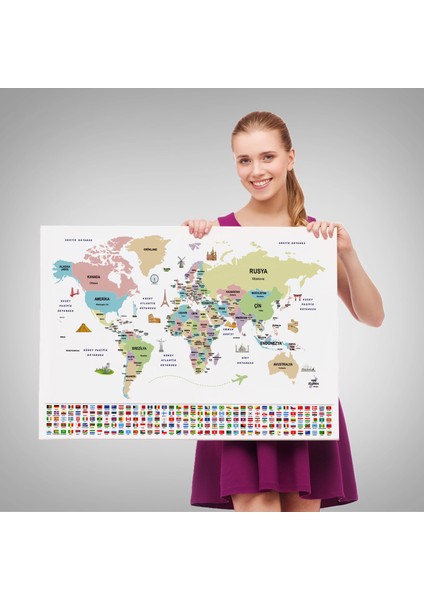 - Türkçe Dünya Haritası Ülke Bayrak ve Başkentli Kanvas Tablo 1938 indirimleri