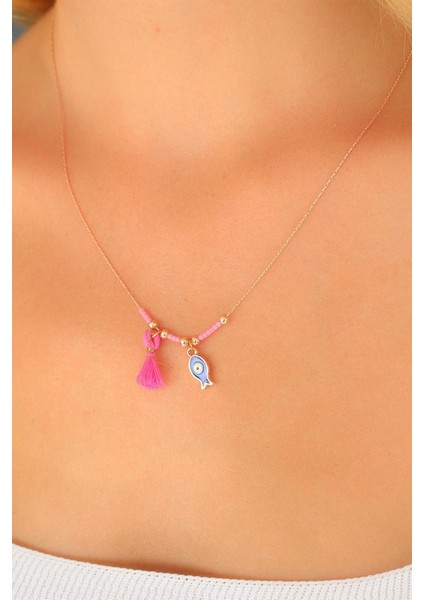 Nazar Boncuklu Pembe Renk Taşlı Rose Bayan Kolye - Lisinya