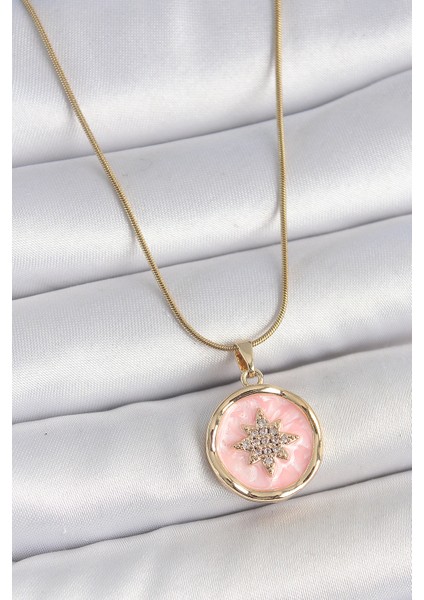 316L Çelik Gold Renk Zincir Pembe Mineli Zirkon Taşlı Kuzey Yıldız Işlemeli Madalyon Model Kadın Kolye - Lisinya